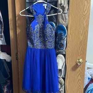 Xtraordinary Blue Silver Embellished Halter Dress